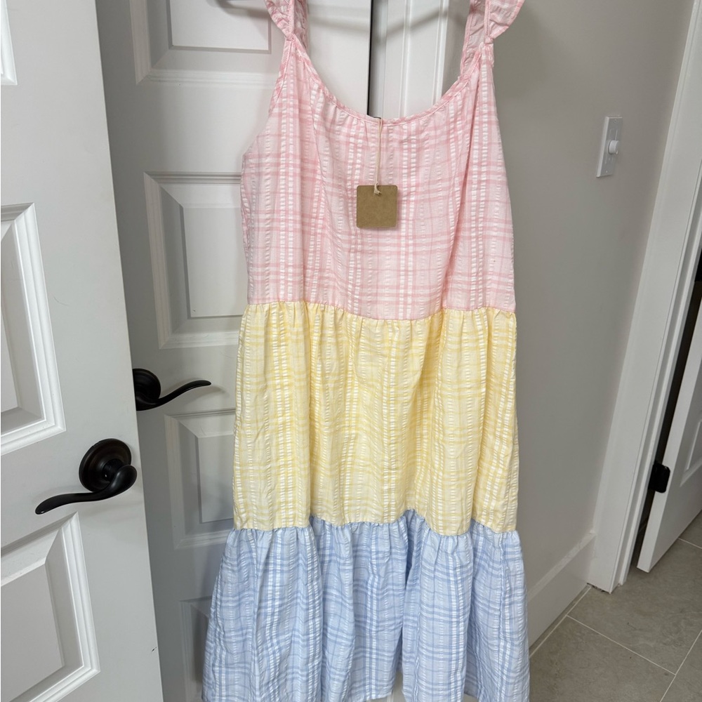 Blu Pepper Pink, Yellow, and Blue Tiered Women’s Dress